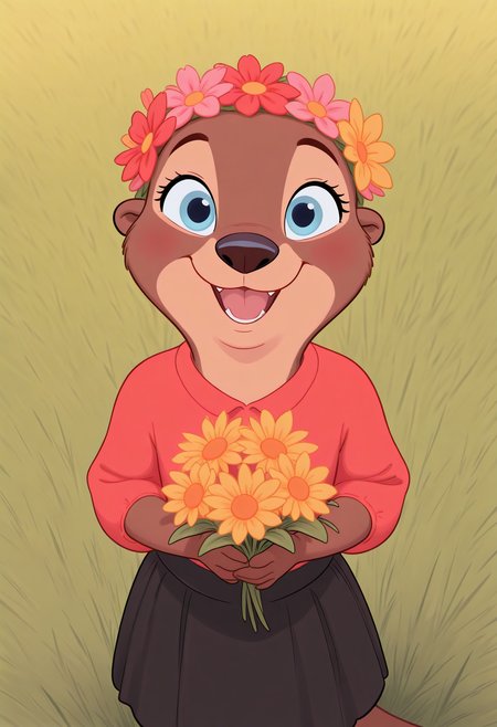 masterpiece, best quality, amazing quality, very aesthetic, absurdres, newest, solo, female, (anthro, otter), (cute, young), blue eyes, red blouse, black skirt, flower crown, happy, smiling, holding up flower bouquet to viewer, meadow, grass, from above, close up, cabookstyle, <lora:Childrens_Book_Style_IL:1>, disney animation, <lora:Disney_Animation_v5-V7:1>