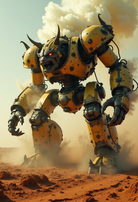 cpstyle01: This is a CGI-rendered image of a massive, humanoid robot in a desert environment. The robot, depicted in a dramatic, action pose, is primarily faded yellow with muted metallic accents, giving it a weathered, battle-worn appearance. Its body is heavily armored with large, angular plates, and it carries a menacing, imposing presence. The robot's head features two prominent, curved horns, glowing dimly red eyes, and a fierce, open mouth with sharp teeth, suggesting a fierce, aggressive demeanor.
Its arms are long and muscular, ending in powerful, claw-like hands with sharp, articulated fingers. The robot's legs are sturdy and wide, adapted for traversing rough terrain, with large, articulated joints. The ground beneath it is a desaturated reddish-brown, sandy desert, with visible footprints and disturbed earth, indicating movement or battle.
The background features a dramatic, swirling cloud of pale white smoke or dust, likely from an explosion or intense battle, against a washed-out, almost sepia-toned sky, enhancing the gritty, post-apocalyptic atmosphere. The lighting is harsh and faintly golden, casting long shadows, further emphasizing the robot's imposing figure in a muted, desaturated world.