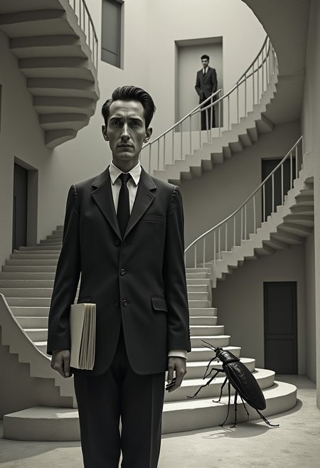 The image portrays a surreal, almost dreamlike depiction of a man in a formal black suit, the German-speaking Czech Jewish writer Franz Kafka, standing in a bizarre, labyrinthine architectural environment. The slender man, with expressive eyes, with slicked-back dark hair and a serious, somber expression, seems lost or confused. He holds a book or folder, adding to the sense of seriousness or contemplation. A giant dark bug or cockroach-like creature seems to be his pet. The surrounding environment is a mind-bending collection of staircases, doors, and windows that twist and curve impossibly, reminiscent of an Escher-like world. Another version of the man can be seen in the background, walking on one of the winding staircases that loops in on itself. The entire setting feels disorienting, with a mix of organic curves and sharp geometric forms, symbolizing themes of existential confusion, entrapment, bureaucracy, mental struggle, or inner turmoil. The muted grayscale colors of the structure enhance the eerie, dreamlike atmosphere.