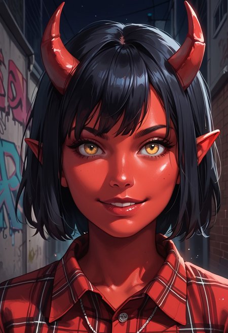 score_9, score_8_up, score_7_up, score_6_up, aesthetic ,  punk, demon, horns,  outdoors, alley, night, graffiti, flannel shirt,  solo,  dutch angle,  g0thicPXL,  (big lips:0.6), (close up:1.2), portrait, huge breasts, smile,  skinny, red skin, realistic