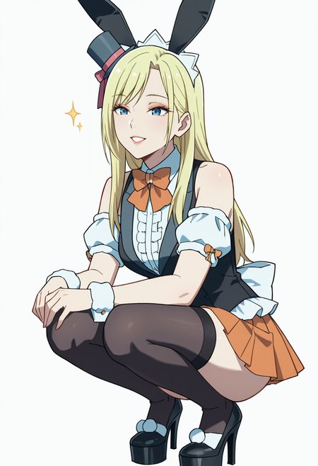 Smooth Quality,masterpiece,very intricate, high quality details, ultra realistic, high detailed skin,detailed enviorement,absurdres,
 <lora:Moonbeams_Manager_CNR:0.7> moonbear_cnr, 1girl,blonde hair, long hair, blue eyes,rabbit ears, fake animal ears, bare shoulders, makeup, lipstick, mini top hat, black vest, shirt,puffy short sleeves, detached sleeves, wrist cuffs,orange pleated skirt, black thighhighs, frills,bowtie, platform footwear,, simple background, white background, front view,solo,
squatting position, heels down, elbows resting on knees, hands dangling  ,, ^o^,