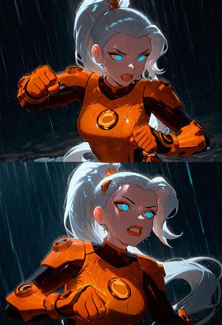 masterpiece, best quality, amazing quality, very aesthetic, absurdres, newest, ((screencap, parody, cartoon))
drewsat, 1girl, long hair, white hair, ponytail, blue eyes, makeup, lipstick, eyeshadow, 
armor,, orange bodysuit
expressive face, 
dynamic pose, fighting, glowing armor, orange armor, dark background, heavy rain, incoming punch