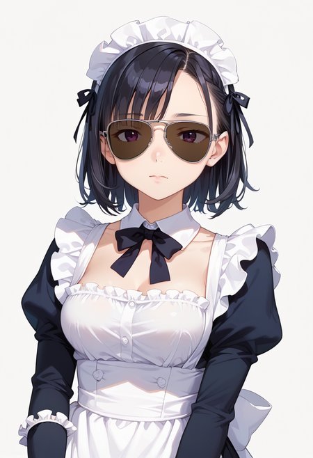 score_9, score_8_up, score_7_up, rating_safe, masterpiece, best quality, absurdres, unity 8k wallpaper, official art, official style, source_anime, uncensored, game cg, megami magazine,
1girl, solo, black hair, medium hair, upper body, maid, maid headdress, black dress, maid apron,
sg-AVIATOR, sunglasses, dark-tinted eyewear, covered eyes, white background, simple background, grey-framed eyewear
 <lora:glasses_aviator_PONY_V2:1>