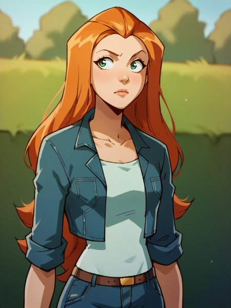 score_9, score_8_up, score_7_up, score_6_up, score_5_up,   <lora:SamTSXLP:1> samts, 1girl, long hair, solo, green eyes, orange hair, jeans