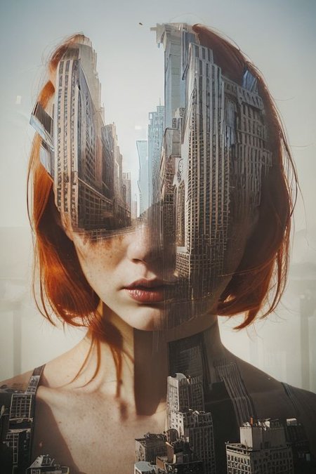 dbl3xp0 artstyle, portrait of redhead woman, breasts, city double exposure