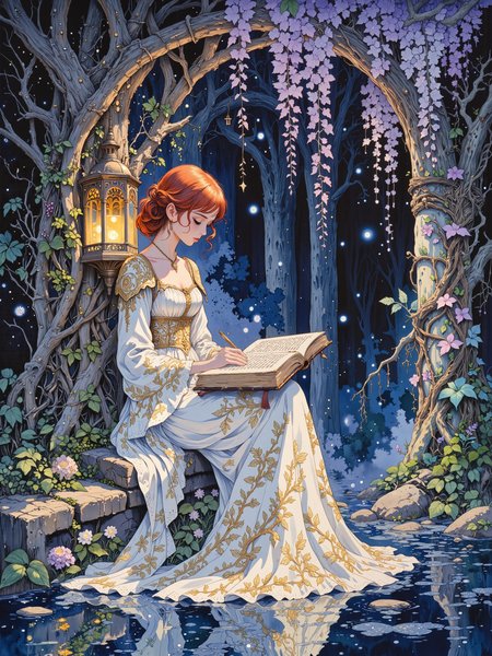a mesmerizing, dreamlike watercolor painting, capturing a young red-haired princess who has slipped away from the grandeur of court into the solace of her secret sanctuary, a hidden garden untouched by time, she sits beneath the twisted branches of an ancient, gnarled tree, its bark grown thick and rough by the centuries. the perfect delicate hands of the princess are writing on the pages of an old, weathered tome with a golden stylus, the moonlight catches the shimmer of her gown, an ethereal fabric that glows like stardust, soft hues of silver, lilac, and deep sapphire cascading around her like flowing water, the air is thick with the scent of blooming wisteria, its cascading violet blossoms draping elegantly from branches and archways, bioluminescent fireflies drift lazily through the cool night air, their golden light illuminating the intricate embroidery of the princess's gown and the curling edges of the ancient book in her lap, beyond the gardenâs ivy-covered cobblestone walls, the world is distant, its noise fading into the soft hum of crickets and rustling leaves, the night is alive with a gentle, mystical glow, mist curling between the roots of the ancient tree, pooling like silver at the princessâs feet, above, a sky of deep indigo is speckled with countless stars, their cold light mirrored in a still reflecting pool nearby, the composition is imbued with a sense of quiet wonder and wistful solitude, a forgotten fairytale moment suspended in time, alcohol ink and watercolor on delicate handcrafted washi paper, soft, expressive brushstrokes bring out the interplay of light and shadow, capturing the warmth of the lantern-like glow of the fireflies against the cool depth of night, every detail rendered with care, from the delicate vines weaving through the stone arch to the intricate golden embroidery of her dress, inspired by studio ghibli, brian froud, and kay nielsen, ovg, studio ghibli dark fairytale, <lora:style-dark_ghibli-flux-by_arsmachina:0.68> <lora:image_upgrade-flux-by_zeronwo7829:0.64>