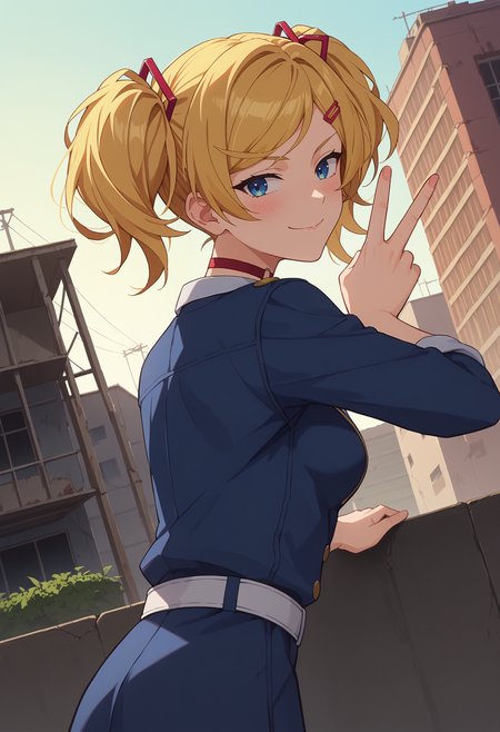 score_9, score_8_up, score_7_up, anime screencap, source_anime, 1girl, solo,
<lora:Rika_Inoue_Seraph_of_the_End_V1:.85>, KJOrika, blonde hair, twintails, blue eyes, swept bangs, hairclip, 
collared shirt, jacket, medium sleeves, choker, white belt,
smirk, blush, looking back, leaning forward, peace sign, dutch angle, from behind, 
abandoned building, ruined city, rooftop, outdoors,
(Beautiful, medium Breasts:1.2),