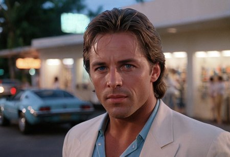 cinematic film still Sonny Crockett, blue eyes, MiamiVice, outdoors, shop . shallow depth of field, vignette, highly detailed, high budget, bokeh, cinemascope, moody, epic, gorgeous, film grain, grainy