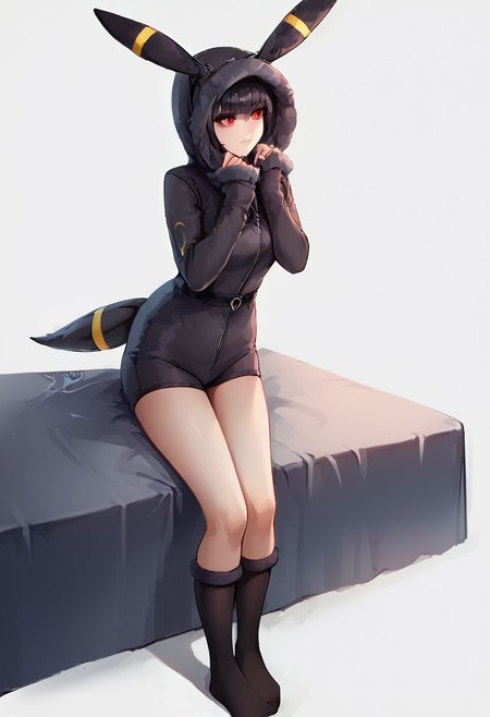 score_9, score_8_up, score_7_up, score_6_up, score_5_up, score_4_up, 1girl,  celestia ludenberg, long hair, bangs, black hair, red eyes, long sleeves, twintails, drill hair, twin drills, curvy, source_anime, ears, hood up, onesie, tail, knee high socks,  umbr30n, <lora:umbr30nXLP:0.6> full body, bedroom background, sitting on bed
