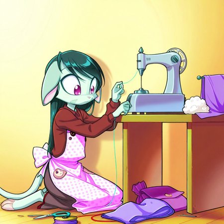 score_9, score_8_up, score_7_up,lilith_calah,
1girl,solo,furry,tail,dark green hair, source_furry,
 ,<lora:lilith_calah_illustrious:0.8>,
child, kid, 
fabric, thread, needle, stuffing, scissors, sewing_machine, pins, ribbon, table, polka_dot_apron, buttons, cotton, thimble
Scene: A bright sewing nook with a table covered in soft cotton fabric, someone carefully stitching a little bunny shape, pinning floppy ears into place. A sewing machine hums as it finishes the edges, stuffing puffs out of a bag, and a thimble glints on their finger. Polka-dot fabric scraps litter the floor, a spool of thread rolls slightly, and a ribbon is tied into a bow around the bunny’s neck, with buttons ready to become its adorable eyes