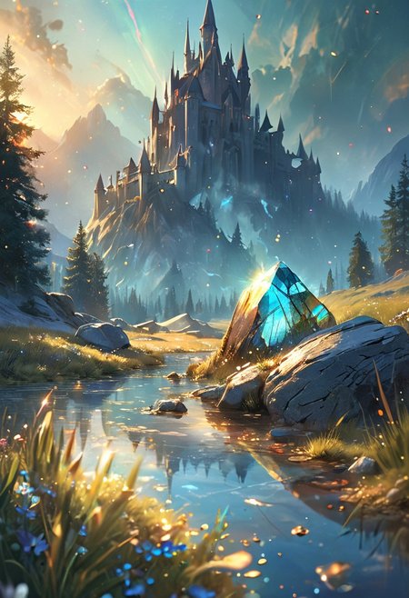 unseen landscape of a fantastical world made of labradorite, captured in 8K resolution for stunning detail, towering mountains of shimmering labradorite crystals reflecting a spectrum of blues, greens, and golds, A great castle is on the tallest mountain, the surface glistening like a celestial sky, vast plains of smooth labradorite stones scattered with iridescent flora that pulse with color, gentle rivers of liquid light flowing through the valleys, their surfaces sparkling with the vibrant hues of the stones, ethereal creatures with translucent wings flitting among the glowing plants, creating trails of shimmering light, a radiant sunset casting a warm glow over the landscape, evoking a sense of wonder and magic in this enchanting realm of crystal and color.
beautiful gorgeous digital art,style of greg rutkowski,janek sedlar,jenny saville:0]