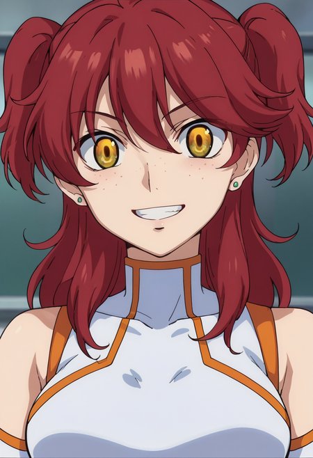 score_9,score_8_up,score_7_up,score_6_up,score_5_up,score_4_up,anime coloring BREAK source_anime,anime,<lora:Nena_Trinity_Gundam_00_Pony:0.8>,nena,1girl,solo,(innovator eyes:1.1),yellow eyes,red hair,two side up,(freckles),earrings,white midriff,grin,wide eyes,looking_at_viewer,upper_body,face_focus,