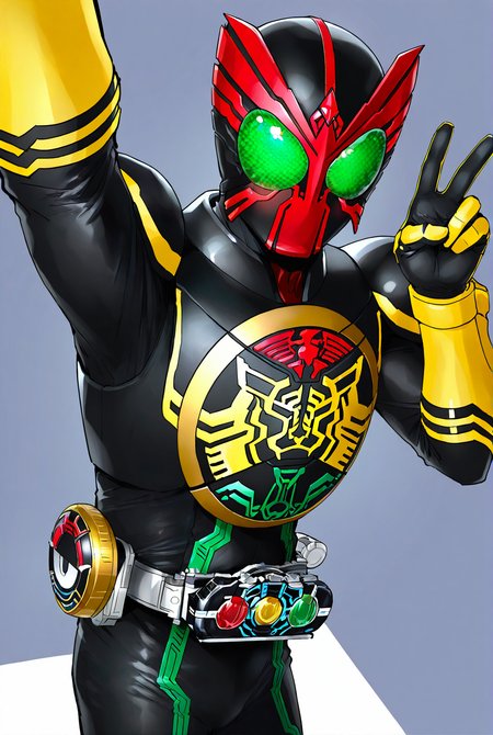 very awe,aesthetically pleasing,masterpiece,best quality,amazing quality,very aesthetic,ultra-detailed,high resolution,8k,1boy,solo,cowboy shot,male focus,detailed face,armor,belt,tokusatsu,bodysuit,helmet,rider belt,black bodysuit,selfie, v, blush,<lora:Kamen Rider ooo:0.7>,kamen rider 000,