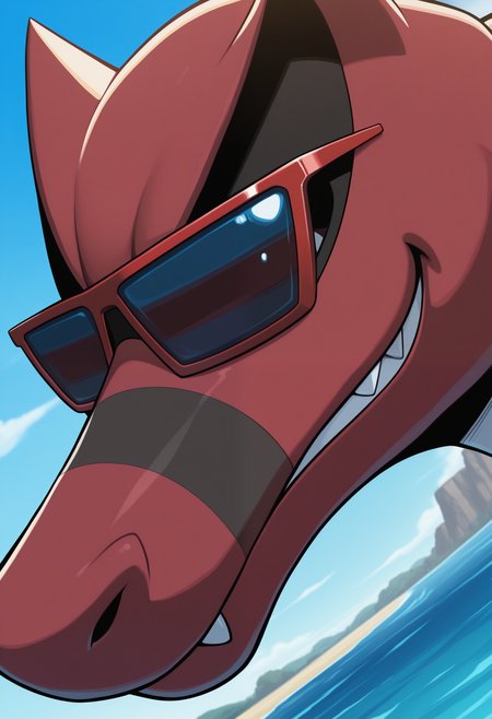 masterpiece,best quality, amazing quality, 1boy, solo, kr00k, pokemon (creature), close up, side angle, red sunglasses, cool, smirk,