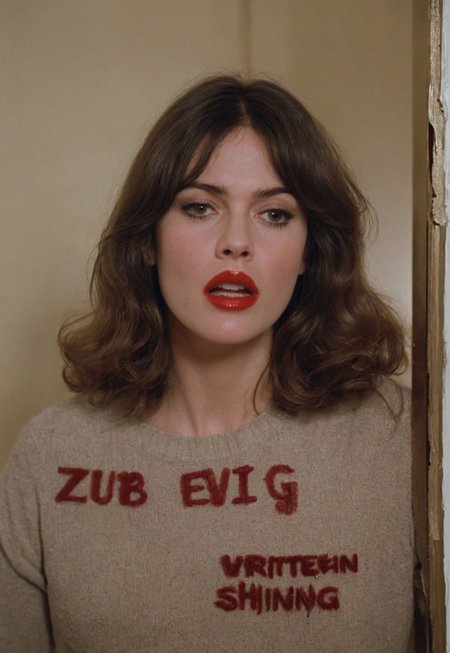 Disheveled Woman in her thirties confused by text:"ZZUB EVIG" written in lipstick on mirror. Photograph parodying The Shining. Parody. 1970s. Film Still. SFW