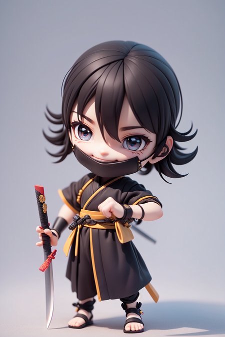(masterpiece),(best quality),(ultra-detailed), (full body:1.2), 1boy,chibi, smile,(beautiful detailed face), (beautiful detailed eyes), (Simple and clean style_1.5), 
ninja,  (ninja mask:1.3),  shuriken, hand holding  samurai katana,  black ninja outfit, 
 <lora:blindbox_V1Mix:1> ,