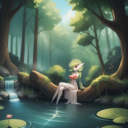 score_9, score_8_up, score_7_up, score_6_up, score_5_up, score_4_up, cartoon style,
 luminekoStyle,
cartoony style, 
1 girl, gardevoir, green_hair, green_skin, hair_over_one_eye, 
forest, river, bathing,