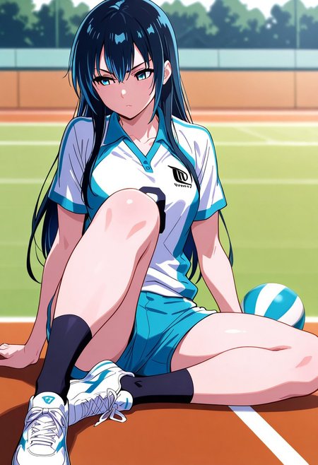masterpiece, very aesthetic,8k,masterpiece, best quality, half body, aoikuni, 1girl, solo, long hair, sportswear, blue hair, blue eyes, shoes, sneakers, sitting, socks, vollyball outfit ,
, impressionism 1.5, high detail, depth of field, blurred background, dramatic lighting, outdoors,  ,SmoothNegative_Hands