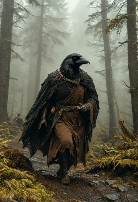 (masterpiece,best quality,ultra_detailed,highres,absurdres:1.2), DnD_Grainyboyz, (32k UHD:1.4),
BREAK
highly detailed photo of black corvidfolk running through forest, (dynamic pose:1.2), (fast running:1.3), motion blur, wearing brown robe, moody forest,
detailed background, (ancient dence forest:1.2), rocks, fog, (dramatic light:1.25)
<lora:neg4all_bdsqlsz_xl_V9:2><lora:dynposes3870:0.8>