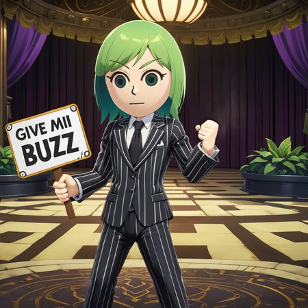 text ("Give Mii Buzz":1.6), <lora:SSBMii:0.8> SSBMii, holding a sign that says, text, 1boy, <lora:texta:0.5> , beetlejuice, striped suit, short green hair, 1boy, dark shadows eyes, black tie,