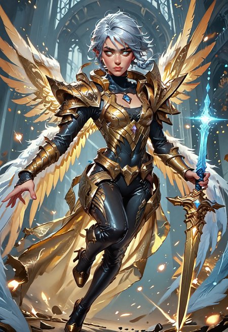 ((zPDXL3)), ((masterpiece,best quality, highly detailed)), ((score_9)), score_8_up, score_7_up, score_6_up, score_5_up, score_4_up, Digital painting style, brushstrokes, ((EnhanceImage)), solo, 1girl, DBRiven, silver hair, golden armor, black bodysuit, bodysuit, golden shoulder armor, sidebraid, silver eyes, cleavage, short hair, gold shoes, heels, wings, angel wings, blue hand, sword, Expressiveh, tanned-skin, 30yo, adult lustful confident woman, petite, slender body, perky saggy natural breasts, full lips, bangs, sidelocks, straps,
chinese magical sorceress, animated, swirling magic, wisps of magic, dancing pose, tight squeezed outfit, magical accessories, evoking motion, conveying motion, dynamic splash art, 
<lora:PainterlyFantasiaPDXL:0.6>,