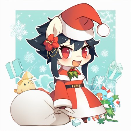 score_9, score_8_up, score_8, medium breasts, (curvy), cute, eyelashes,       BREAK, , BREAK, YorForger, 1girl, black hair, red eyes, short hair with long locks, gold hairband, hair flower, <lora:YorForgerXLpony004:0.8>,, zzPadoru, blush, smile, open mouth, meme, holding sack, santa hat, dress,  ,<lora:PadoruMemePDXL:1.0>,  ,<lora:Style55_PDXL:0.3>,  , BREAK,  smile, looking at viewer, cowboy shot,  embedding:zPDXL, Expressiveh, <lora:Expressive_H-000001:0.4>,