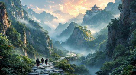 south china mountains, high slopes, foliage and fog, pilgrims on a road in the distance, distant temple on a mountaintop, epic fantasy scene, hyperdetailed, superb quality, cinematic, tranquil vibe
