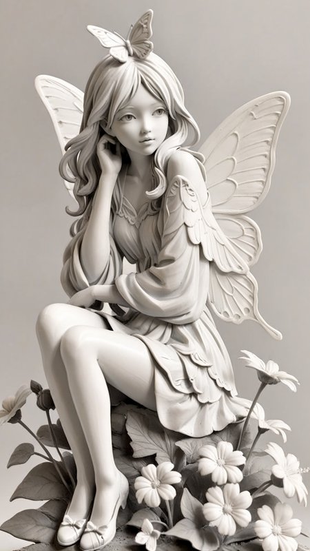 <lora:3DPrintingXL:1>,whitemold,3d printed mold,art style,greyscale,monochrome, 1girl, solo, butterfly, soft pastel wings, sitting on a flower, gentle expression, delicate design