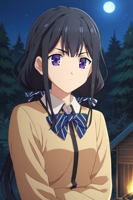 score_9, score_8_up, score_7_up, rating_safe, , looking at viewer, depth of field, 1girl, <lora:aki_adagaki_pony:0.70>, aki_adagaki, black hair, purple eyes, long hair, bangs, twintails, low twintails, bow, solo, close-up, cabin, forest, campfire, night, full moon, crossed arms, squinting, <lora:fsn_style_pony:1.02>, fsn_style, , <lora:sdxl_lightning_8step_lora:1>