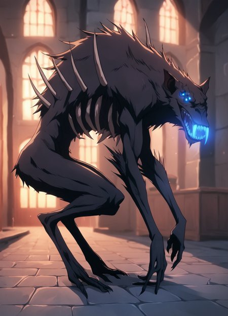 Bluefangs, sharp teeth, teeth, open mouth, monster, no humans, solo, blue eyes, glowing eyes,full body,  glowing teeth, multi_eye,from side, hunched over,  fangs, score_9, score_8_up, score_7_up, score_6_up, score_5_up, score_4_up, looking at viewer,<lora:BlueFangsPony1.0:0.8> dark, medieval town,   looking at viewer,