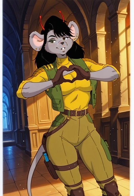 CarbineBMFM, 1girl, solo, furry female, anthro, mouse, grey fur, grey skin, animal ears, red antennae, black hair, long hair, bangs, brown eyes, black snout, scar on face, incisors, teeth, earrings, ear piercing, large breast, thick thighs, mouse tail,  green vest, yellow turtleneck, elbow length sleeves, brown gloves, belt, light brown pants, brown boots, military uniform, holster, knee pads,
,seductive pose, sexy pose, tease, 
masterpiece, best quality, fine details, intricate details, depth of field, subsurface scattering, bokeh,
 ultra-detailed, very aesthetic, detailed background, newest, scenery, highres, absurdres, colorful, vibrant, glowing, perfect face, 2d, perfect eyes,  vibrant saturated colors, volumetric lighting, sharp, detailed eyes, perfect anatomy,  perfect face, perfect eyes, mature body, clear eyes, beautiful eyes, athletic, curvy body, athletic girl, perky tits, perfect tits, round breasts, pinup pose, teasing, lustful expression, perfect hands, 
muscular female, dutch angle, 
heart hands,
,Smooth Negative, Smooth_Quality,
90s_anime_aesthetic, 1990s (style), retro, retro artstyle