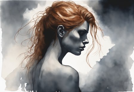 a watercolor painting of a female, from behind.
Her (ginger undone hair:1.2) covers part of her beautiful face and bare chest, cold blue eyes. 

There is diffuse, misty and smoky atmosphere around her, giving the picture a menacing element. 
The picture is photographed in a monochromatic scheme, mainly with shades of black, white and gray.

(dystopian style, highly detailed, bleak, post-apocalyptic, somber, dramatic)
