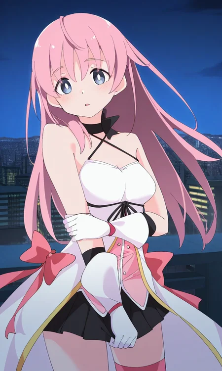 1girl, solo, rinlilustea, magical girl, pink hair, hair down, straight hair, long hair, blue eyes, bright pupils, outdoors, city, night, cowboy shot, parted lips, holding own arm, looking at viewer,