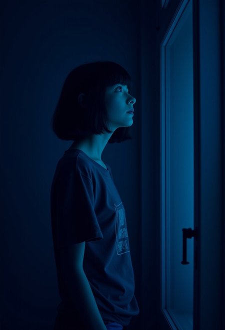 A girl with short black hair stands by a window at night, looking upward. The dark, blue-toned theme emphasizes the indoor, nighttime ambiance.