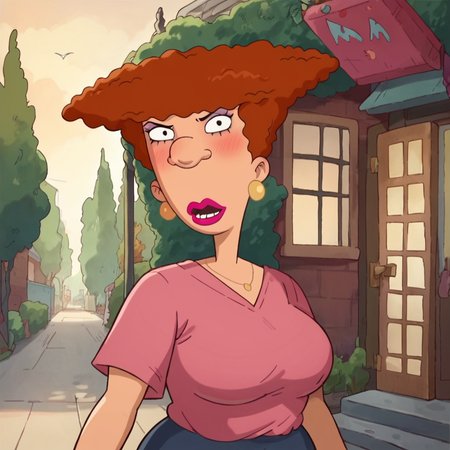 score_9, score_8_up, score_7_up, 1girl, LoisF, red hair, black eyes, makeup, blush, lipstick, earrings, large breasts, wide hips, looking at viewer, highres, high quality, masterpiece, <lora:Lois_Foutley:0.8>