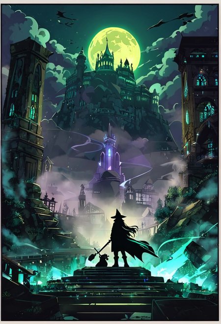 houtline, digital_art, (Best quality), standing, building, weapon, hat, pillar, from_behind, a wizard  fighting a legendary chess boss, glowing, cape, fog, silhouette, full_body, outdoors, sword, indoors, holding, long_hair, night, 1boy, fight_group, sky, (scenery),  holding_weapon, stairs, (monster), battle, dress, facing_away, (boss_fight:1.2), cloak, hood, long_sleeves, arch, witch_hat, male_focus, lamppost, blonde_hair, ruins, gloves, sitting, science_fiction, dark, light, reflection, full_moon, floating, witch, bridge, hitodama, holding_sword, legendary_monster, coat, night_sky, (dutch_angle), (size_difference:1.4), street_view, street, glowing_eyes, light_rays, rain, motion_blur, motion_lines,  from_side, chess_(theme), tower_(theme), chess, queen_chess_piece, Piece_monster, , boots, short_hair, railing, sign, ghost, crystal, wide_sleeves, pants, lights, skyscraper, red_eyes, walking, cloud, blue_hair, hooded_cloak, multiple_girls, epic, staff, (statue), riding, creature, legs_apart, full_armor, castle, planted_weapon, purple_lights, smoke, purple smoke, Aqua_(theme)