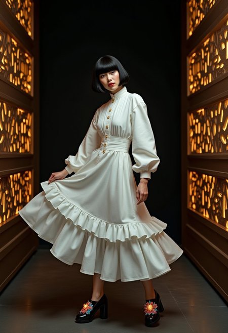 glamour photography of A hyper-realistic full-body photo of a turkish woman with a sleek black bowl-cut hairstyle, her razor-sharp bangs perfectly concealing her eyes, casting a mysterious shadow across her porcelain-like skin. Her pale, glossy complexion gleams with an oily finish, giving her an ethereal, avant-garde presence. She dons a Ballets Ruffled Dress in crisp, immaculate white, crafted from a luxurious blend of cotton and polyester. The dress features full sleeves, a stand collar, a single-breasted closure, and cascading ruffles that add delicate charm to its casual yet surreal design. Her feet are adorned with black leather high-heel shoes embellished with surreal iridescent floral patterns, shimmering like jewels under soft, focused lighting. She strikes a dynamic, avant-garde pose, her body tilted slightly with one arm extended gracefully while the other rests near her waist, exuding elegance and controlled intensity. The background is a deep, pitch-black void illuminated by glowing, sparkling golden grills that form intricate geometric patterns, creating a dramatic, high-fashion atmosphere. The photo captures every fine detail, with fluid lines and soft shading bringing out stunning clarity and depth, inspired by Alexander McQueen's visionary designs.