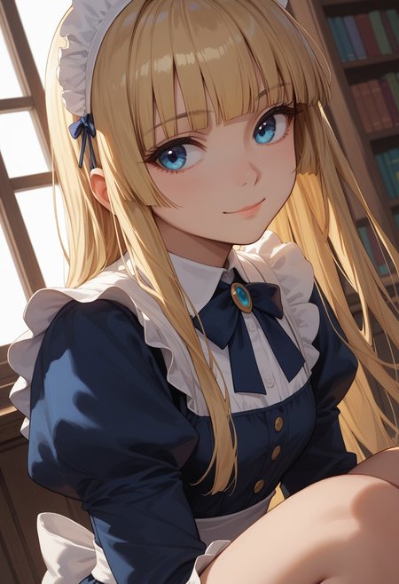 (score_9, score_8_up, score_7_up), 1girl, solo,blonde hair, blue eyes, long hair, hime cut, long bangs, small breasts, maid dress, 
(face focus, close-up, dutch angle:1.3),library, private study, sunset,, thighs, wide hips, sitting, window, (from side:0.7),looking away,
(relaxed smile, smug:0.9),