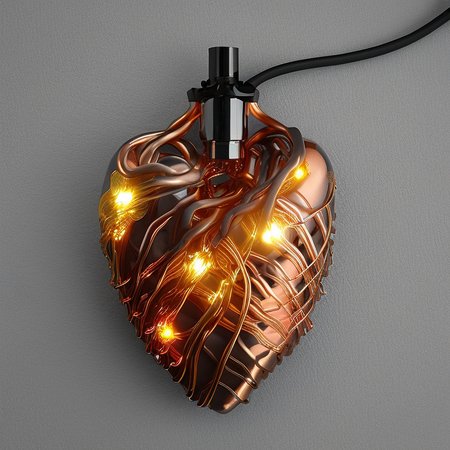 heartart,realistic metal heart  made out of  yellow cables, (lights:1.5), dblx, photohelper, render, cgi, 3d, extremely detailed,copper wire veins, colored backdrop, photohelper