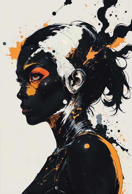 minimalist, black and white paint, wild splatter technique featuring a dismishing barely visible silhouette of a face