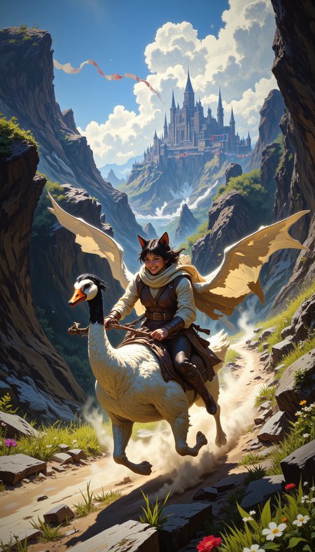 An exhilarating and whimsical fantasy scene of a cat-woman (furry) riding atop a large, majestic riding goose as they speed down a winding mountain road. The cat-woman’s fur glistens in the sunlight, her ears pinned back by the wind, and her tail streaming behind her like a banner. She wears a practical yet stylish outfit, perhaps a leather vest and a flowing scarf, and her expression is one of pure joy and excitement. Her paws grip the reins loosely, showing her confidence and trust in her unusual steed.

The riding goose is a sight to behold—its powerful wings flap occasionally to maintain balance, and its webbed feet pound against the dirt road with surprising speed. Its feathers are sleek and well-groomed, and its eyes are focused ahead, as if it’s just as eager to reach the city as its rider. The bond between the two is evident, a perfect blend of trust and adventure.

The mountain road is rugged and breathtaking, with towering cliffs on one side and a steep drop into a lush valley on the other. The air is crisp and filled with the scent of pine trees and wildflowers. In the distance, the spires and rooftops of a bustling fantasy city peek over the horizon, their colorful banners and lights hinting at the festivities awaiting them.

The sky is a brilliant blue, dotted with fluffy white clouds, and the sunlight bathes the scene in a warm, golden glow. The atmosphere is one of freedom and anticipation, as the cat-woman and her goose race toward the city, ready to join the celebration.

The art style is dynamic and detailed, capturing the motion of the ride, the textures of the cat-woman’s fur, the goose’s feathers, and the rugged beauty of the mountain landscape. The composition emphasizes the speed and excitement of the moment, drawing the viewer into the thrill of the journey. This artwork tells a story of adventure, friendship, and the joy of living life to the fullest