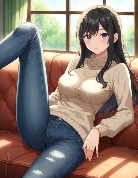 score_9, score_8_up, score_7_up, BREAK
((masterpiece)), ((best quality)), (anime screencap:1.5), 1girl, black hair, lying on a couch on her back with one leg bent, wearing a tight-fitting brown sweater and jeans, revealing her body shape, alluring and peaceful expression, detailed background with soft shadows and warm lighting, cozy indoor setting, sunlight streaming through a window creating soft highlights, 2d anime style, intricate details in the clothing and room, tranquil and serene atmosphere, warm and inviting color tones, depth of field, volumetric lighting, high dynamic range, realistic textures, sense of rest and allure