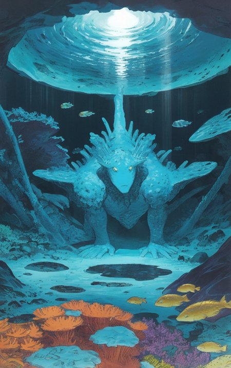 artwork <lora:Moebius:1>, outside, Full Shot,,tor    in coral reef biome, night