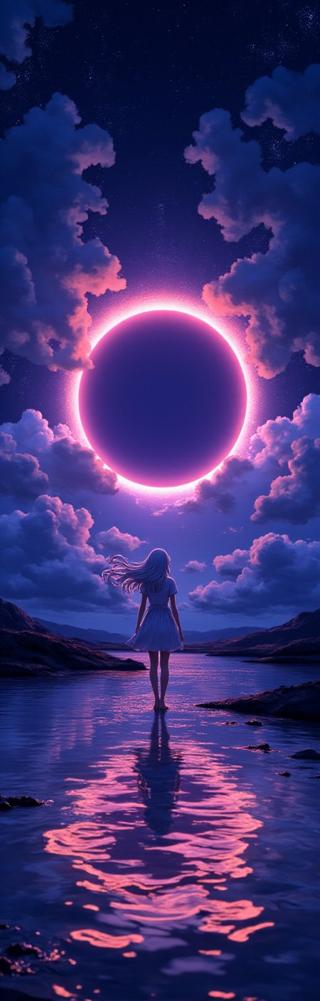 This is a digital artwork in a stylized, anime-inspired art style. The scene depicts a serene night landscape with a large, eclipse dominating the sky. The circle is depicted with a violet hue, casting a warm glow across the scene. The sky is a deep, dark blue, scattered with small, twinkling stars and fluffy, pink and orange clouds that add a sense of depth and texture. Clean reflective surface ionosphere stratosphere.
At the center of the image, a solitary female character stands facing the eclipse, with their back to the viewer. The girl is depicted in silhouette, wearing a short, light-colored flowing dress that contrasts sharply with the dark background. They have flowing long, white hair that blends seamlessly with the night sky. The figure is standing in shallow water, which reflects the glowing light and creates a mirror-like effect on the surface, enhancing the tranquil atmosphere.
The overall color palette is dominated by deep blues, purples, and reds, creating a dreamlike and almost ethereal ambiance. The image evokes a sense of solitude and contemplation, with the circle as the focal point and the figure as a silent observer. The artwork captures a moment of quiet reflection under the night sky.
<lora:Phlux:0.4> <lora:Pixel_Art_FLUX:-0.5> <lora:Relief_Art_for_Flux_-_by_Ethanar:0.5> <lora:amateurphotov2:0.5>