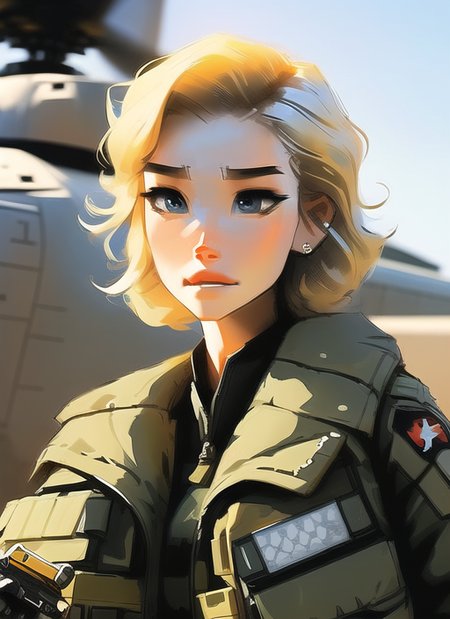samdoesarts;  an image of woman with short blonde hair, with military gear, cargo pants, (intricate), (detailed), digital art,  dynamic pose, in a battlefield