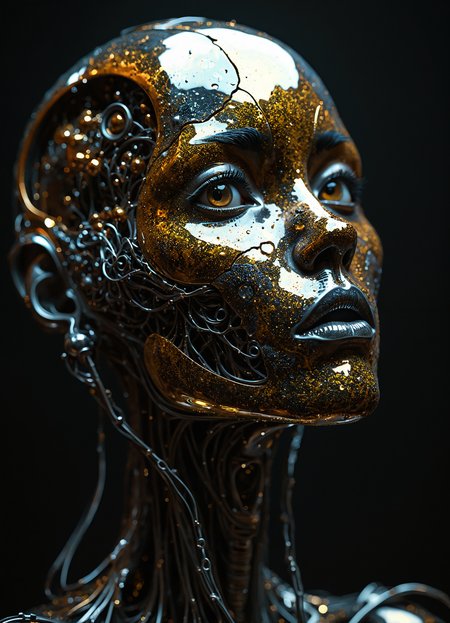 humanoid robot with a futuristic aesthetic. The robot's face is intricately detailed, featuring metallic components, wires, and other mechanical elements. The color palette consists primarily of gold, silver, and metallic hues, creating a shimmering effect. The text \"YOU\" is prominently displayed on the robot's forehead. The dark background highlights the robot\u2019s features, making it the focal point of the image. The image conveys a sense of mystery and intrigue, as if the robot is in a state of deep thought or contemplation.