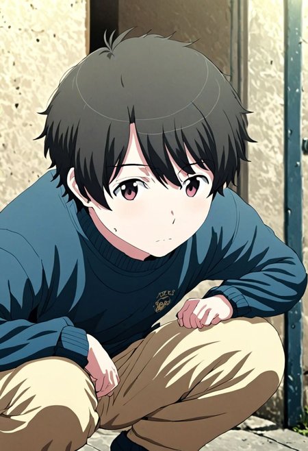 high resolution, solo, best quality, 1Boy, Inaho Kaizuka, Black Hair, lofi, candid, squat, depth of field, photo model, looking at viewer, OverallDetail
