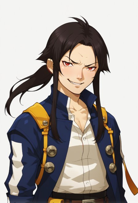 score_9, score_7_up, source_anime, BREAK <lora:zs_SMTIVPortraitsXL_2:1> smtivportraits, portrait, white background, solo,, smug smile, 1boy, red eyes, tsurime, black hair, parted bangs, hair intakes, ponytail, short hair with long locks, very long bangs, jacket on shoulders, black coat, dress shirt, sleeves rolled up, fingerless gloves, pants, belt, multiple belts, combat boots, shoulder holster, chest belt,