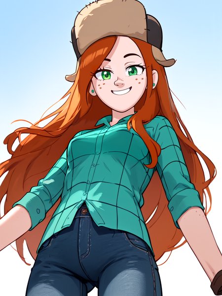 Score_9, score_8_up, score_7_up, score_6_up, low angle, 
1girl, wendy, long hair, orange hair, green shirt, freckles, fur hat, breasts,  looking at viewer, jeans, <lora:WendyCorduroyPony1.0:1>