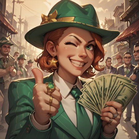 score_9, score_8_up, score_8. score_9, score_8_up, score_7_up, masterpiece, 4k, high quality, (best quality:1.1),anime, semi realistic, thumbs up, one eye closed, grin, smile, money, holding money, portrait, need_buzz, holding sign,  gangstersb, ring, formal, hat, green headwear, necktie, suit, striped, looking at viewer